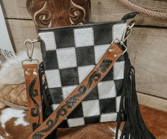 Stockyard Checkered Cowhide Fringe Purse, Black & White