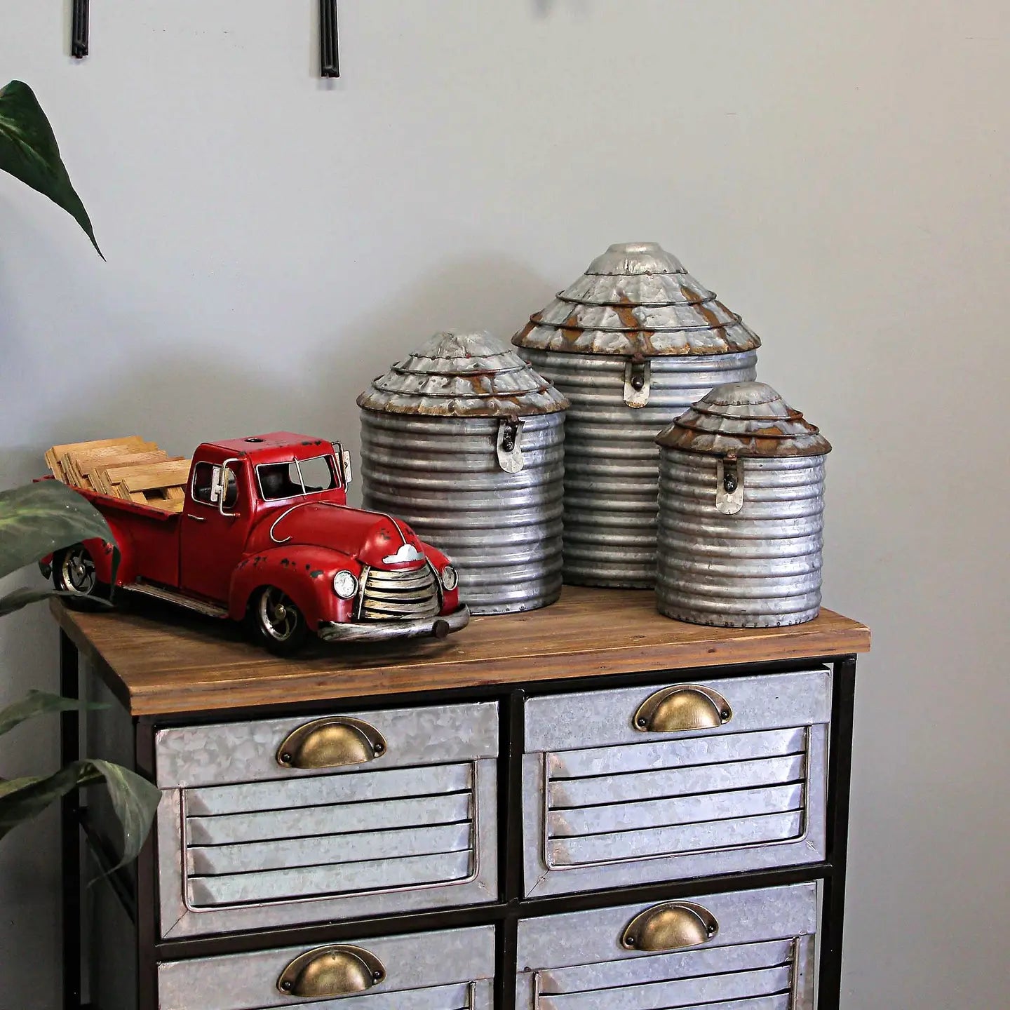 Set of 3 Decorative Tin Silo Canister