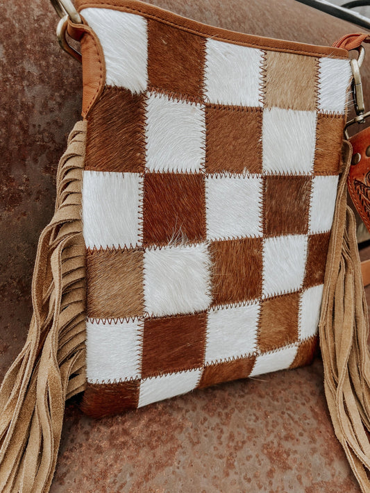 Stockdale Checkered Cowhide Fringe Purse, Brown & White