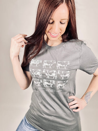 ‘Support Local Farmers/Checkered Cows’ Charcoal Tee