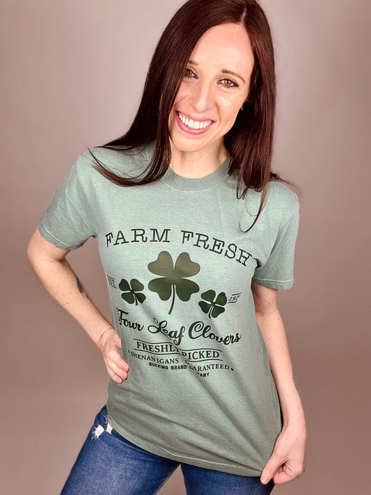 ‘St. Patty’s Day: Farm Fresh Four Leaf Clovers’ Light Green Tee