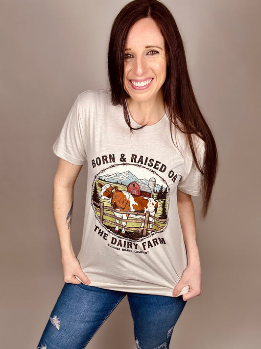 ‘Born & Raised On The Dairy Farm’ Sand Tee