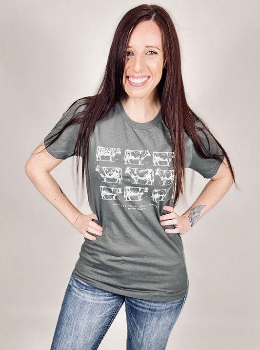‘Support Local Farmers/Checkered Cows’ Charcoal Tee