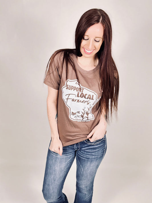 ‘Wisconsin Support Local Farmers’ Brown Tee
