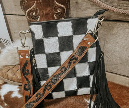 Stockyard Checkered Cowhide Fringe Purse, Black & White