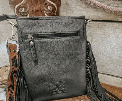 Stockyard Checkered Cowhide Fringe Purse, Black & White