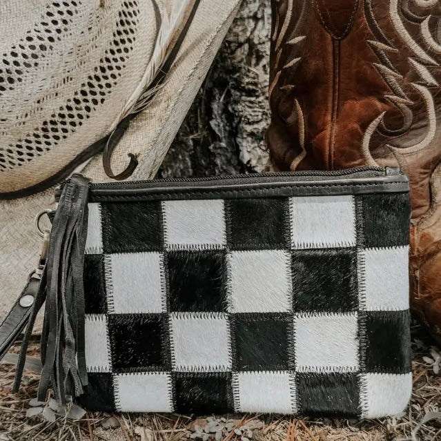 Stockyard Checkered Black Cowhide Wristlet Pouch