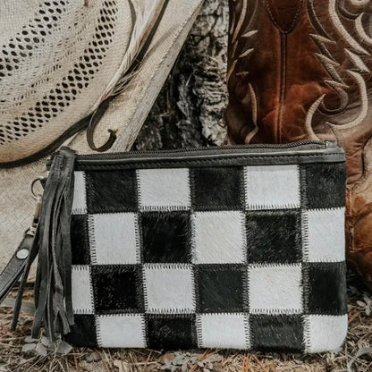 Stockyard Checkered Black Cowhide Wristlet Pouch