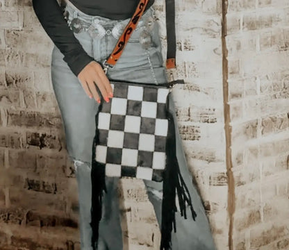 Stockyard Checkered Cowhide Fringe Purse, Black & White