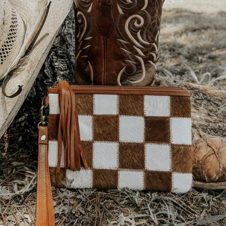 Stockdale Checkered Brown Cowhide Wristlet Pouch