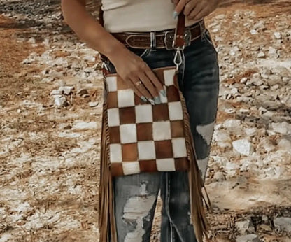 Stockdale Checkered Cowhide Fringe Purse, Brown & White