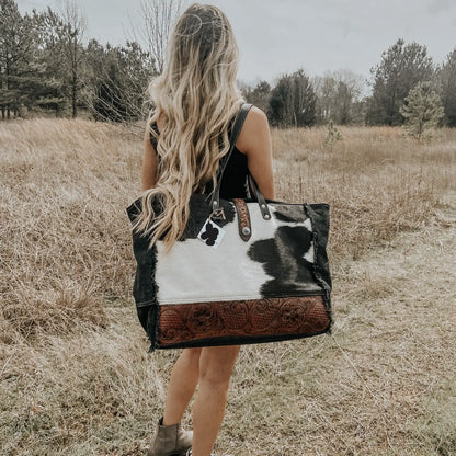 Cowhide Tooled Leather Travel Overnight Weekender Myra Bag