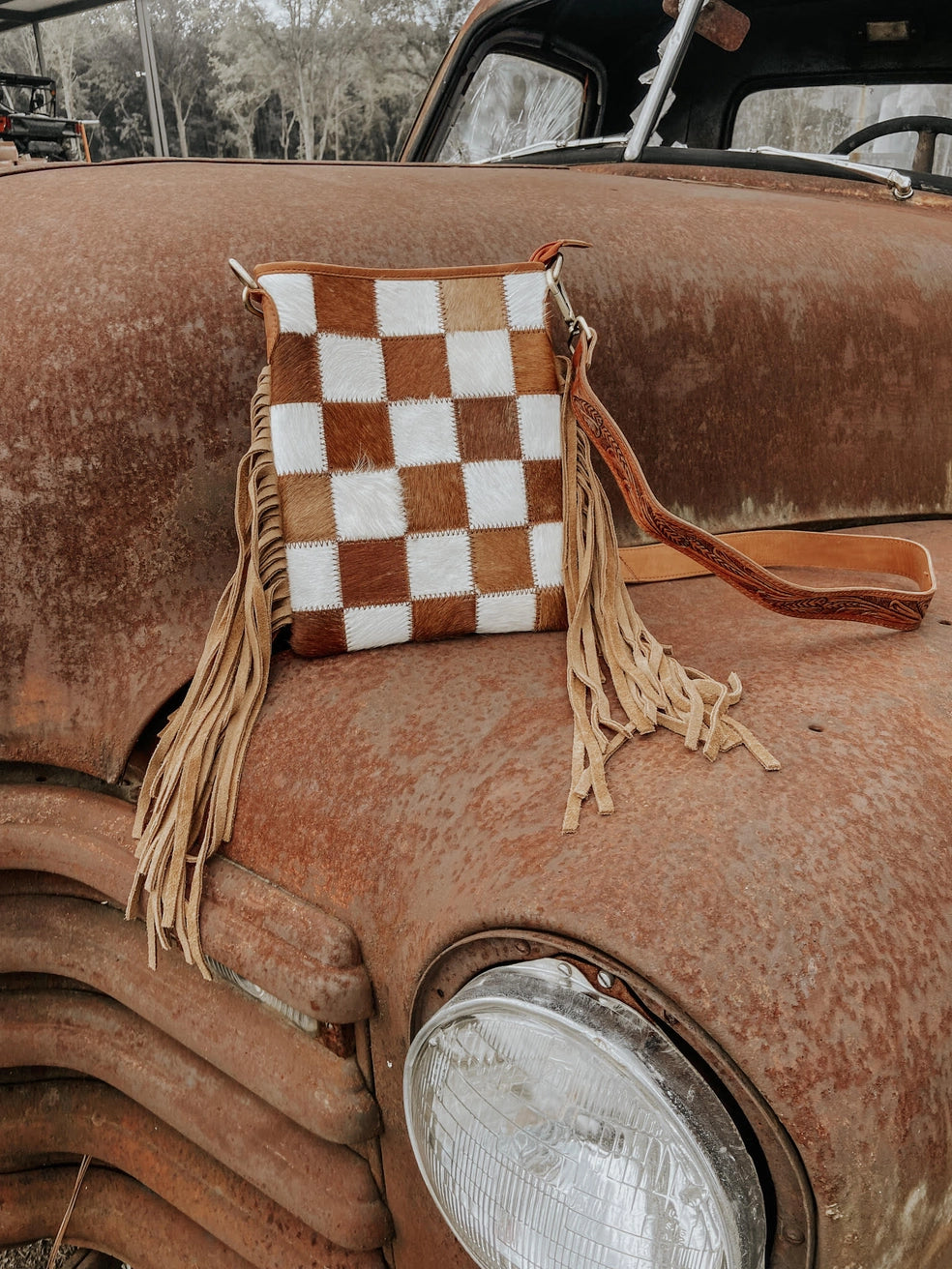 Stockdale Checkered Cowhide Fringe Purse, Brown & White