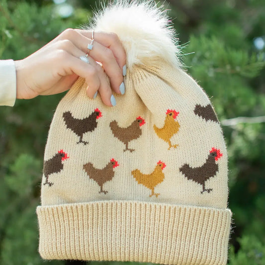 Chicken Knit Pom-Pom Cuffed Stocking Cap