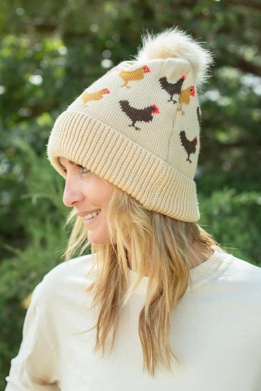 Chicken Knit Pom-Pom Cuffed Stocking Cap