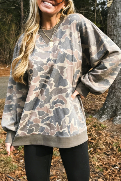 Woodland Camo Print Ribbed Trim Pullover Sweatshirt