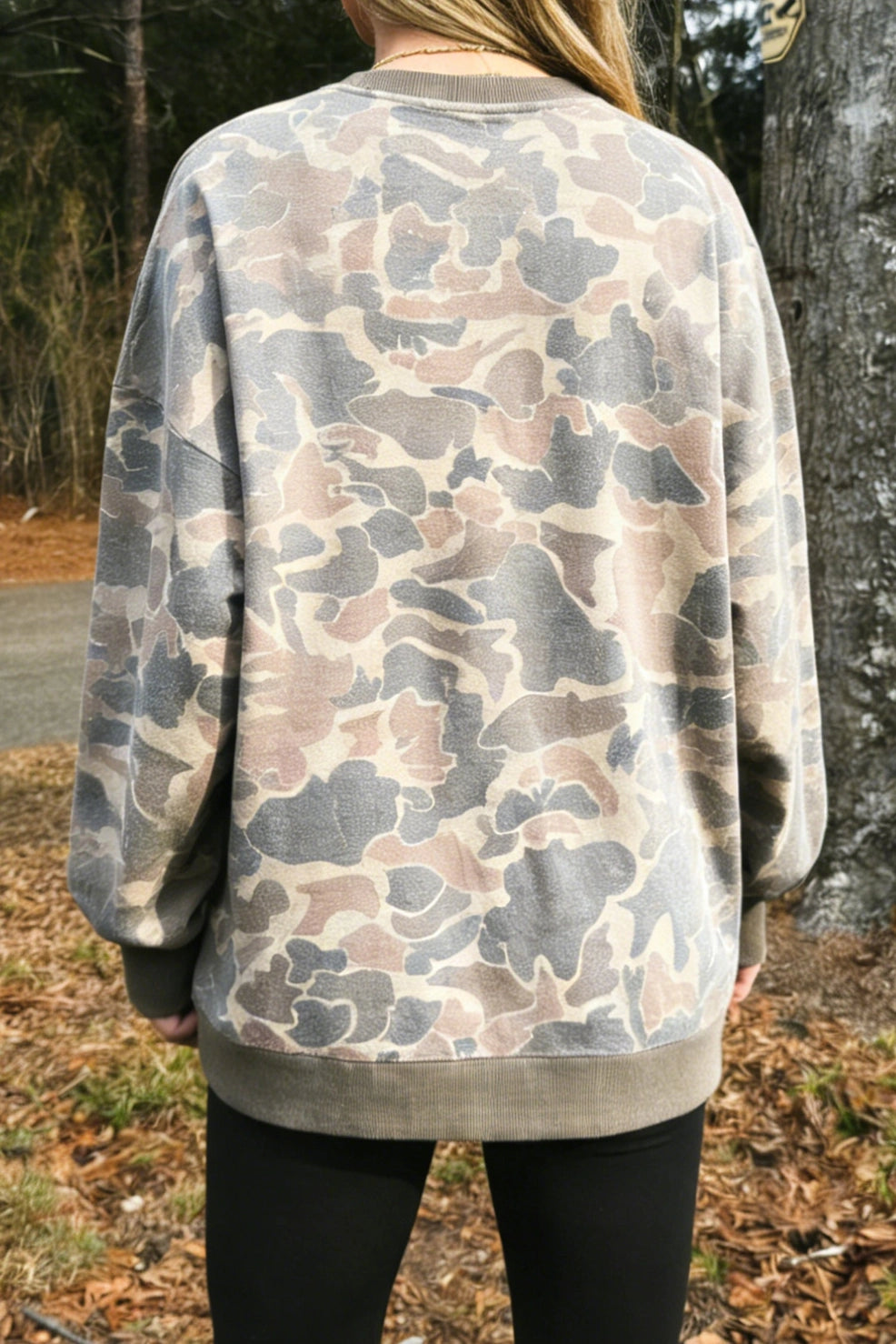 Woodland Camo Print Ribbed Trim Pullover Sweatshirt